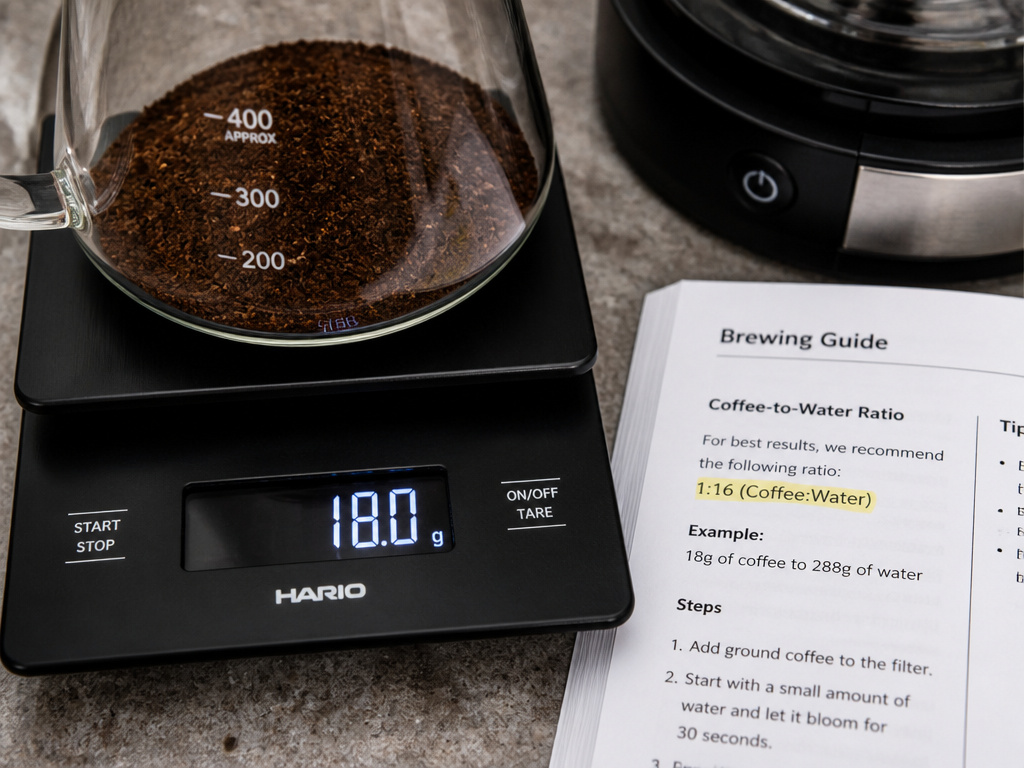 Precision scale weighing coffee grounds next to an open coffee maker manual.