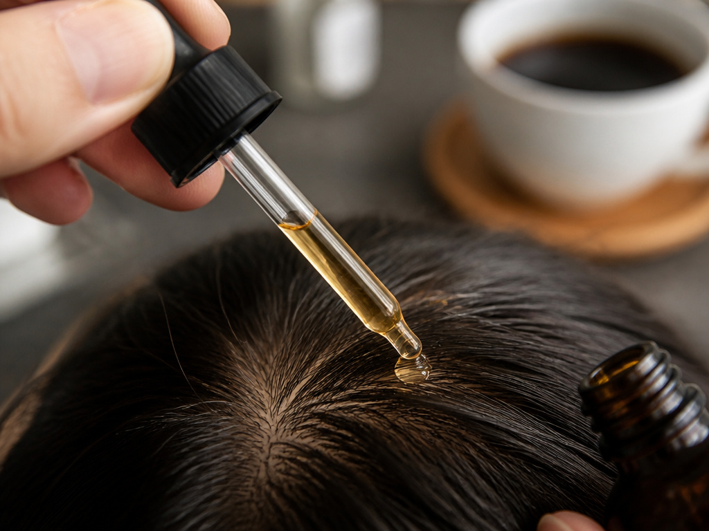Applying topical caffeine serum to scalp for potential hair growth.