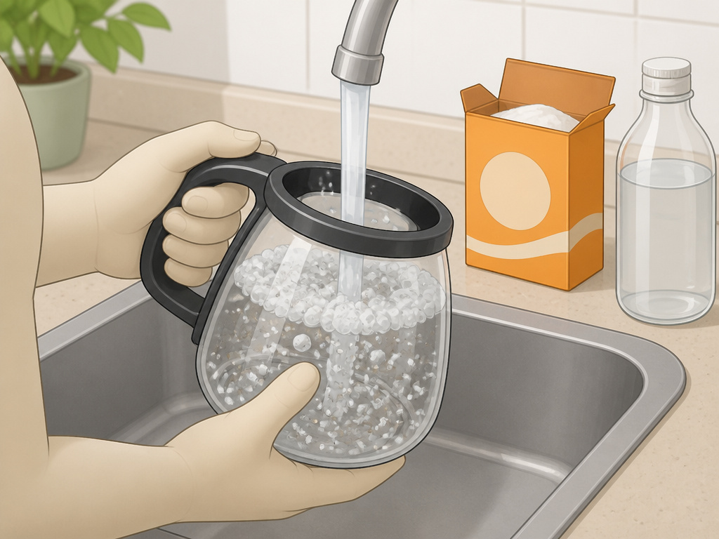 Troubleshooting post-vinegar cleaning: rinsing carafe with baking soda nearby.