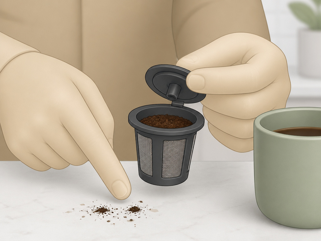 Troubleshooting grounds in coffee from an overfilled reusable K-Cup filter.
