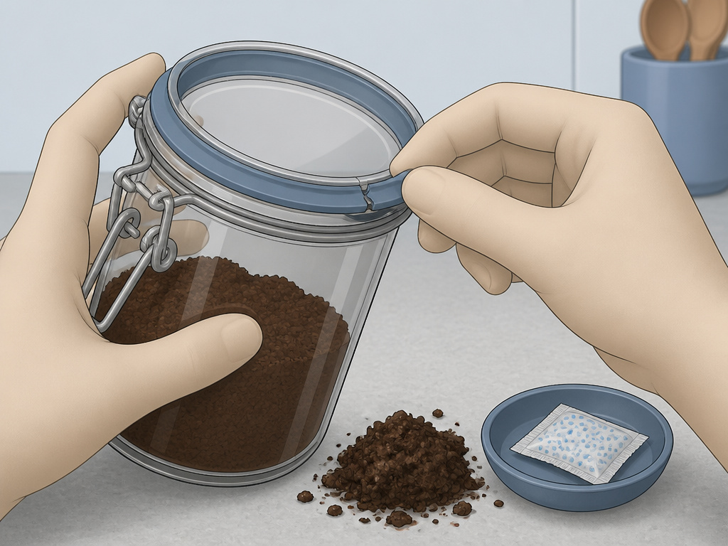 Troubleshooting stale ground coffee by checking container seal and moisture.