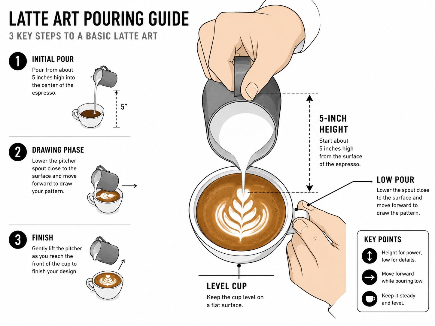 Diagram showing correct pouring height and cup level for troubleshooting coffee art.
