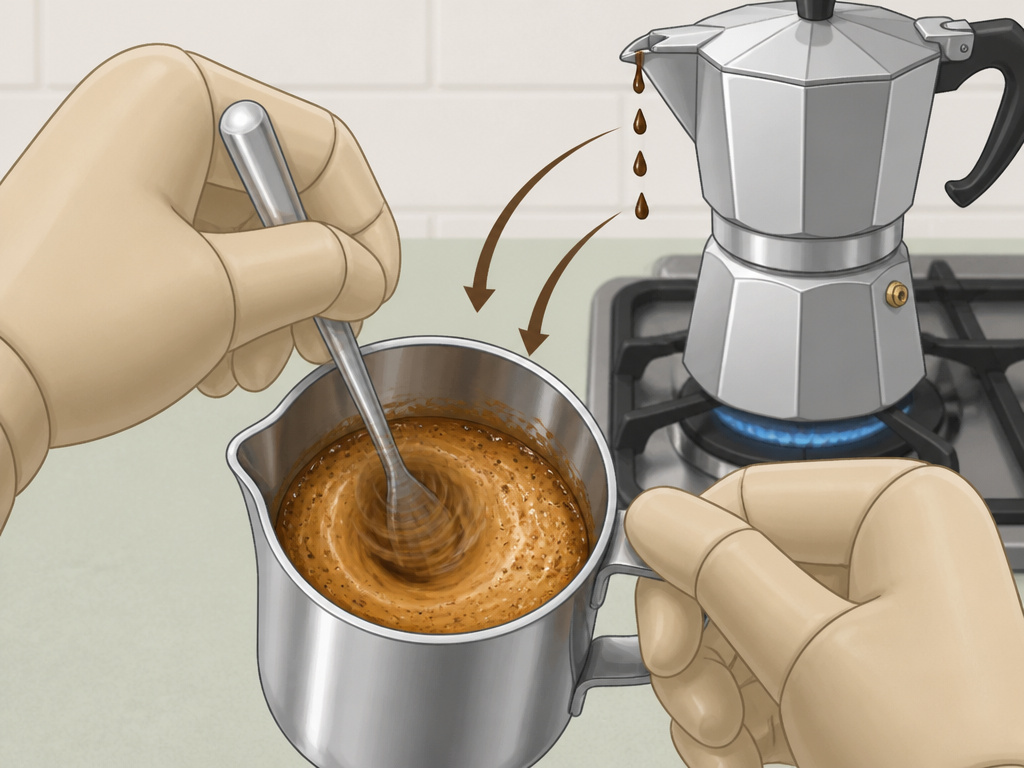 Close-up of whipping espumita foam and catching first coffee drips for Cuban coffee.