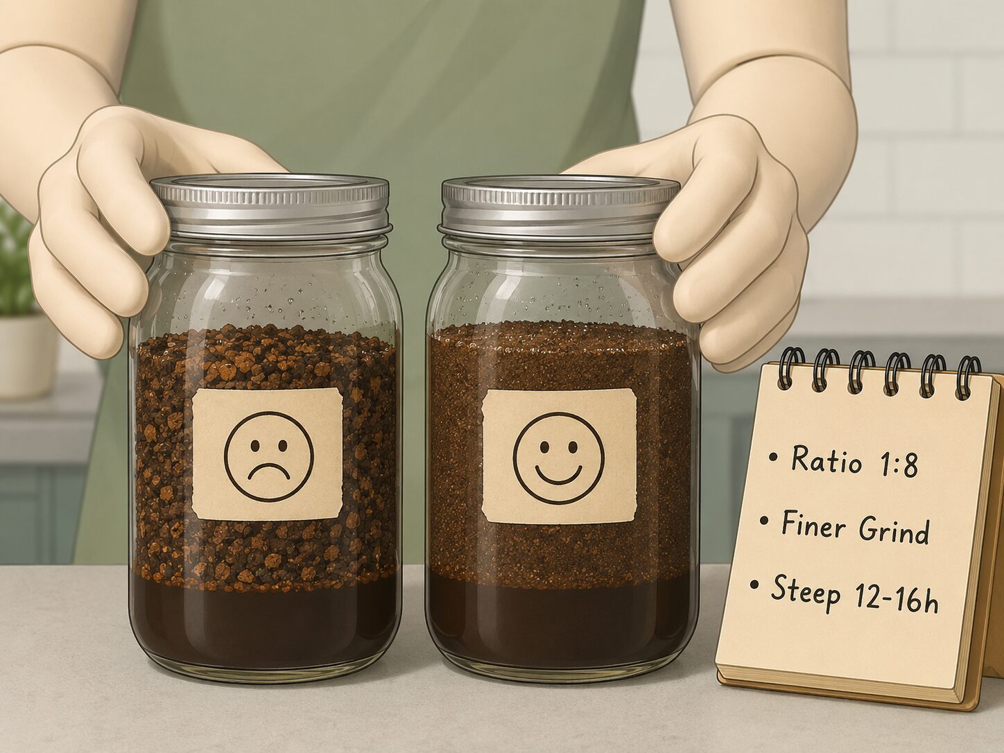 Troubleshooting weak cold brew coffee by comparing grind size and ratios.