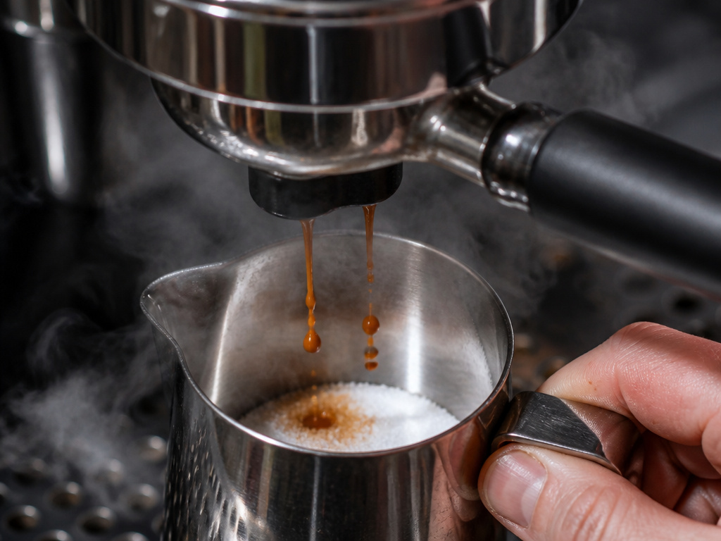 Close-up of first espresso drops hitting sugar for Cuban coffee foam.