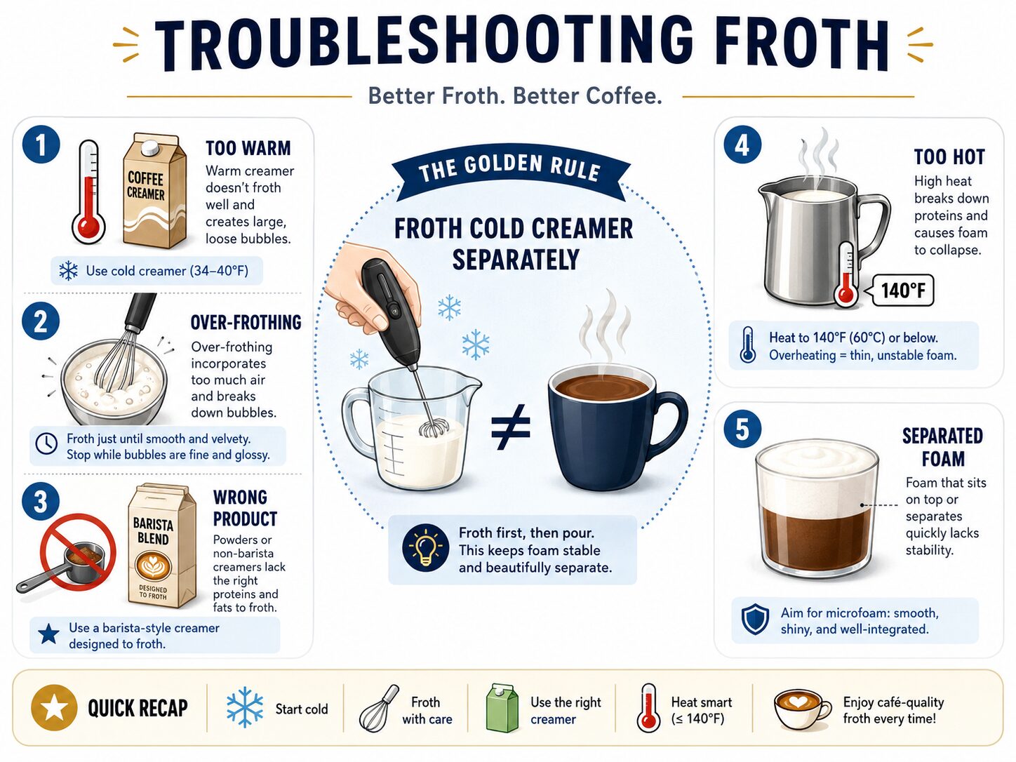 Infographic diagnosing common problems when frothing coffee creamer.