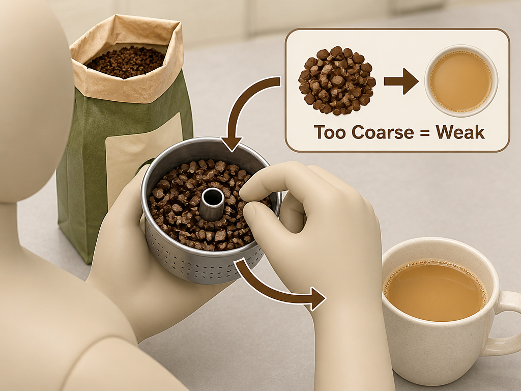 Troubleshooting weak percolator coffee by checking grind size and coffee dose.
