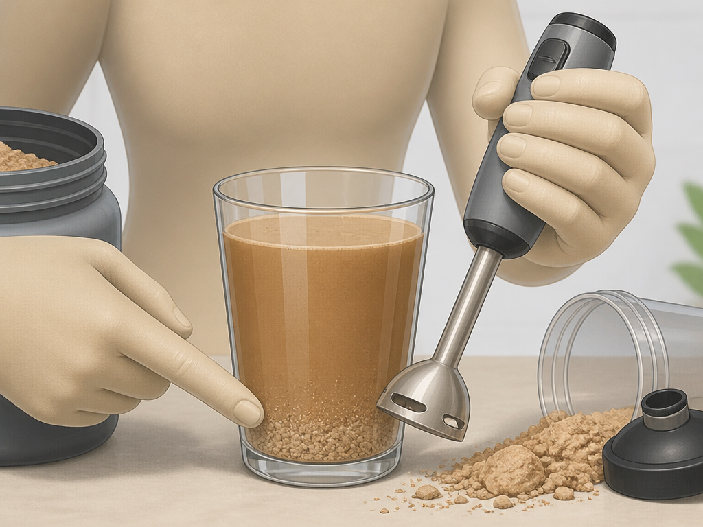 Troubleshooting gritty protein coffee texture with an immersion blender.