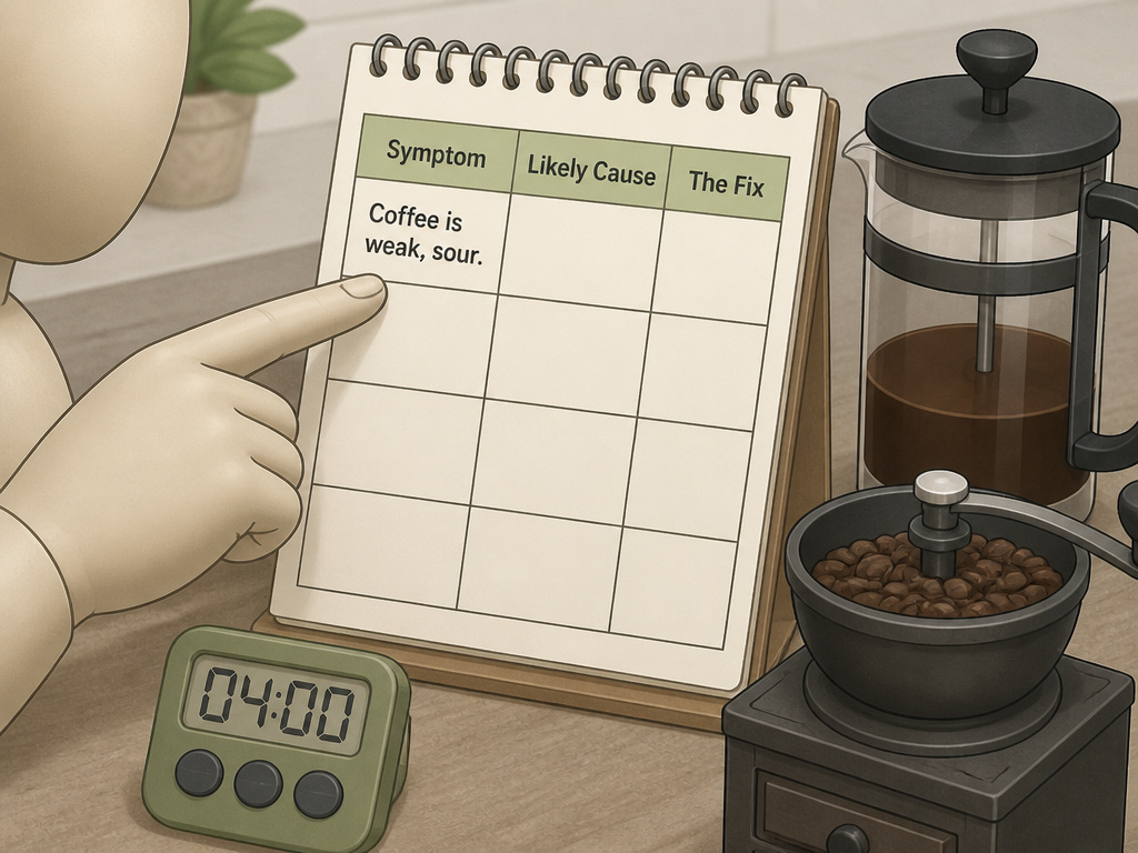 Troubleshooting chart for French press steep time and extraction problems.
