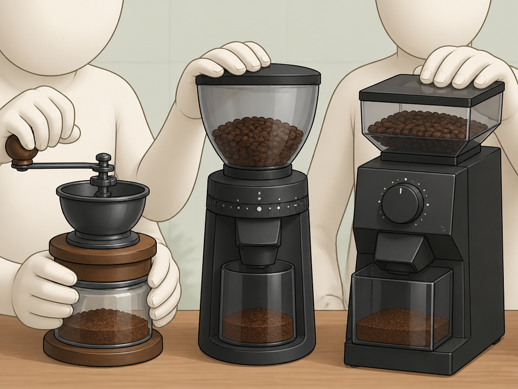 Three types of home burr coffee grinders: manual, electric conical, and electric flat.