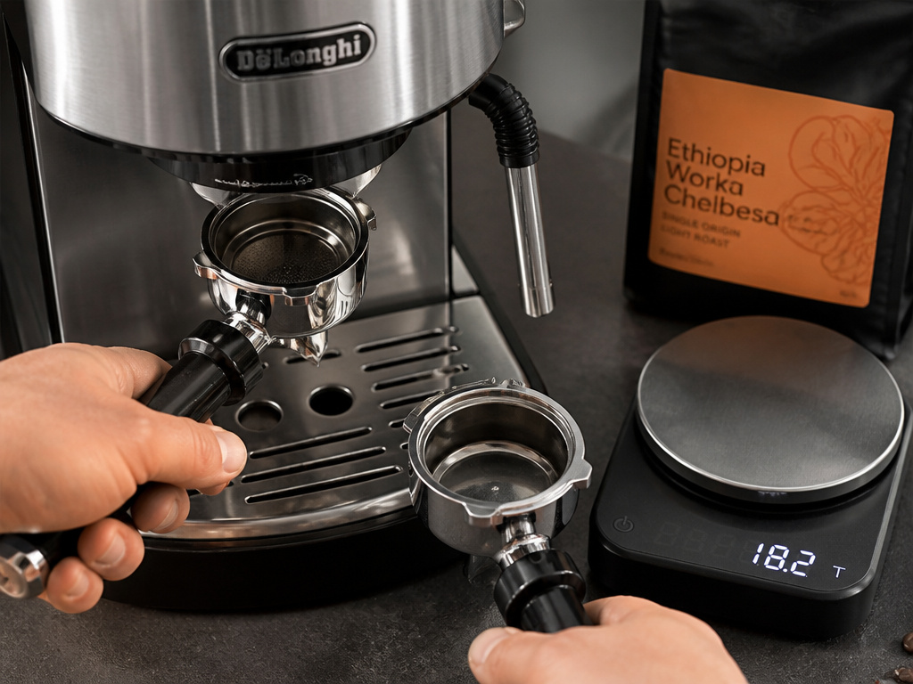 Upgrading a De'Longhi espresso machine with a bottomless portafilter and scale