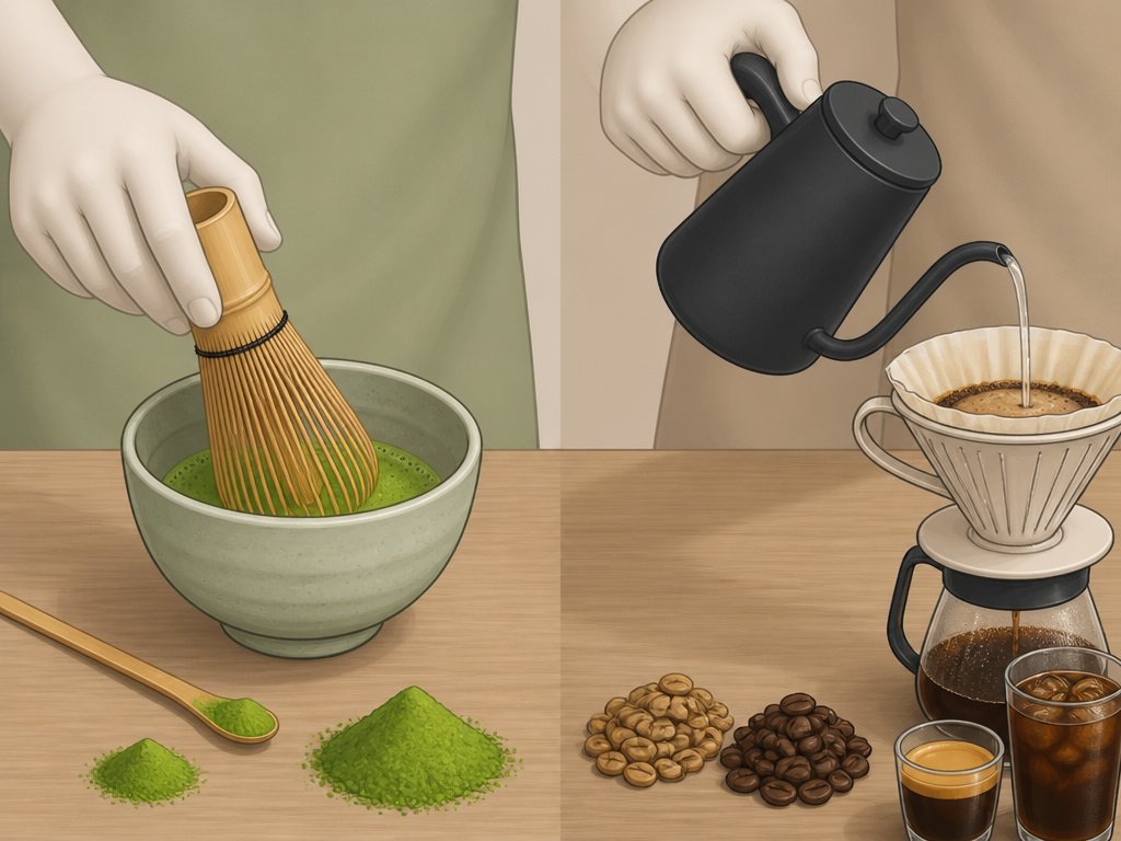 Variables affecting caffeine levels in matcha powder and coffee beans and brew methods.