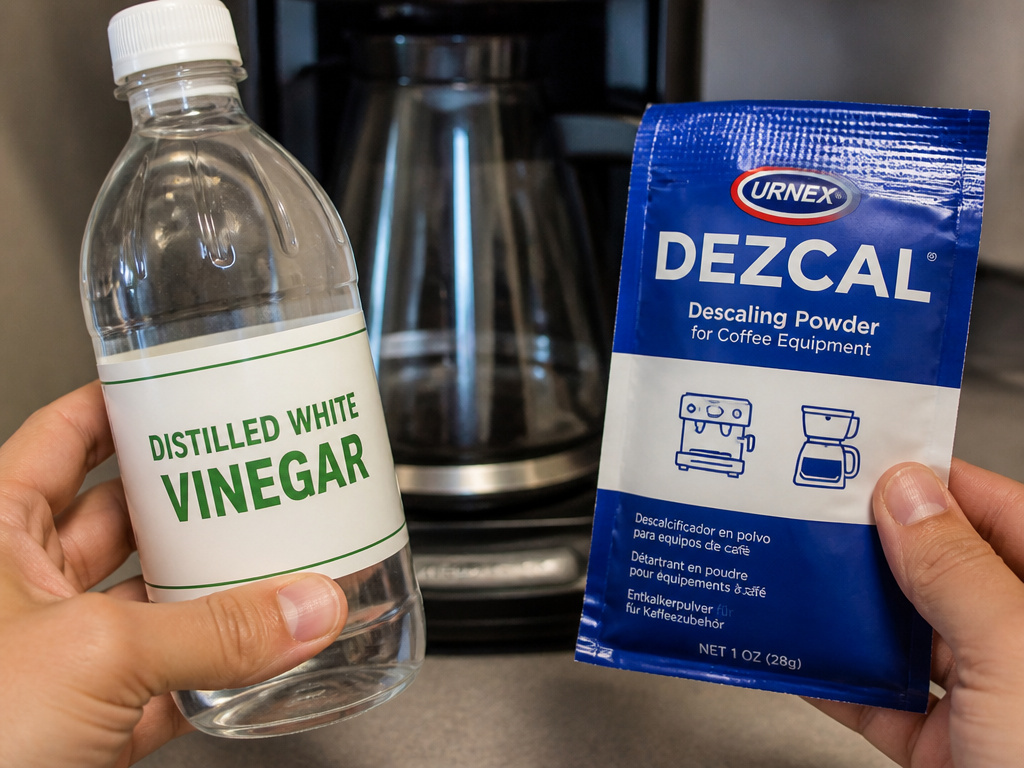Vinegar versus commercial descaler for cleaning a drip coffee machine.
