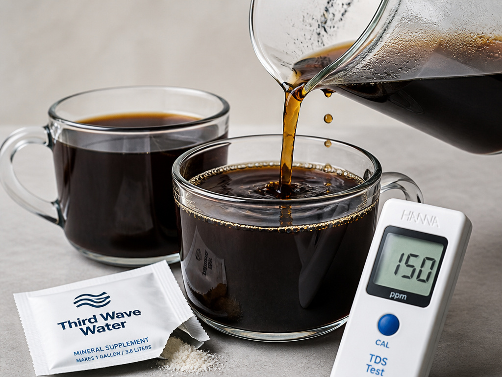 Comparing black coffee brewed with hard water versus properly mineralized water.