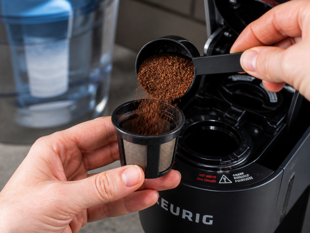 Filling a reusable K-Cup pod with ground coffee for a Keurig brewer.