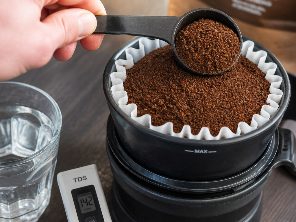 Overfilled coffee filter basket with grounds and water quality testing tools.