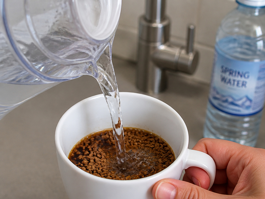 Filtered water being poured into a mug of instant coffee granules.