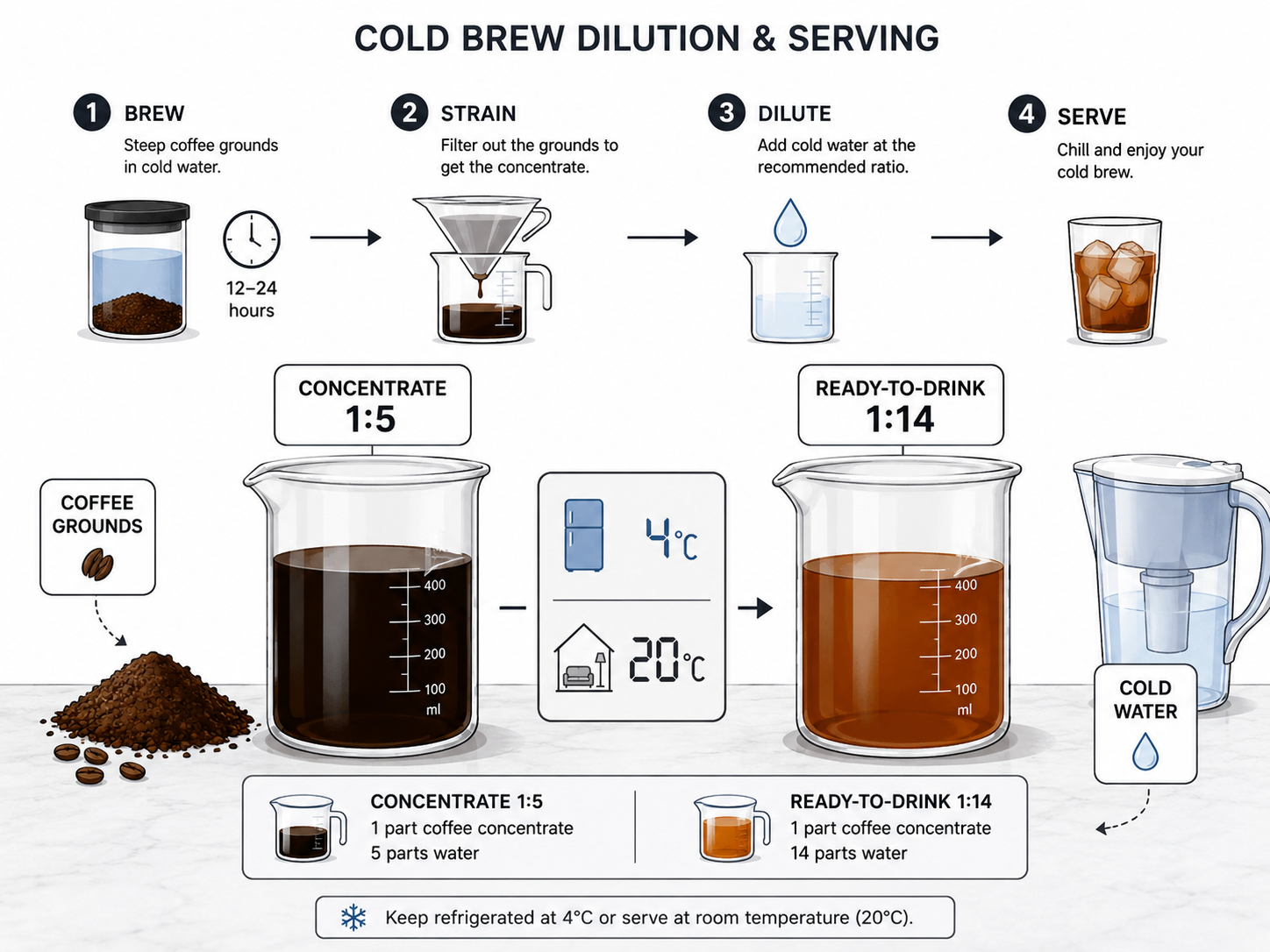 Diagram comparing cold brew coffee ratios and water temperature effects.