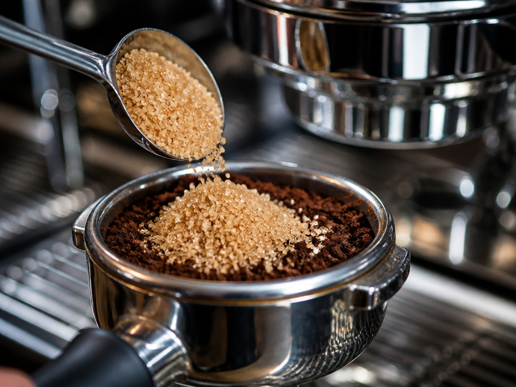 Incorrect method of adding brown sugar to espresso portafilter for a Cubano.