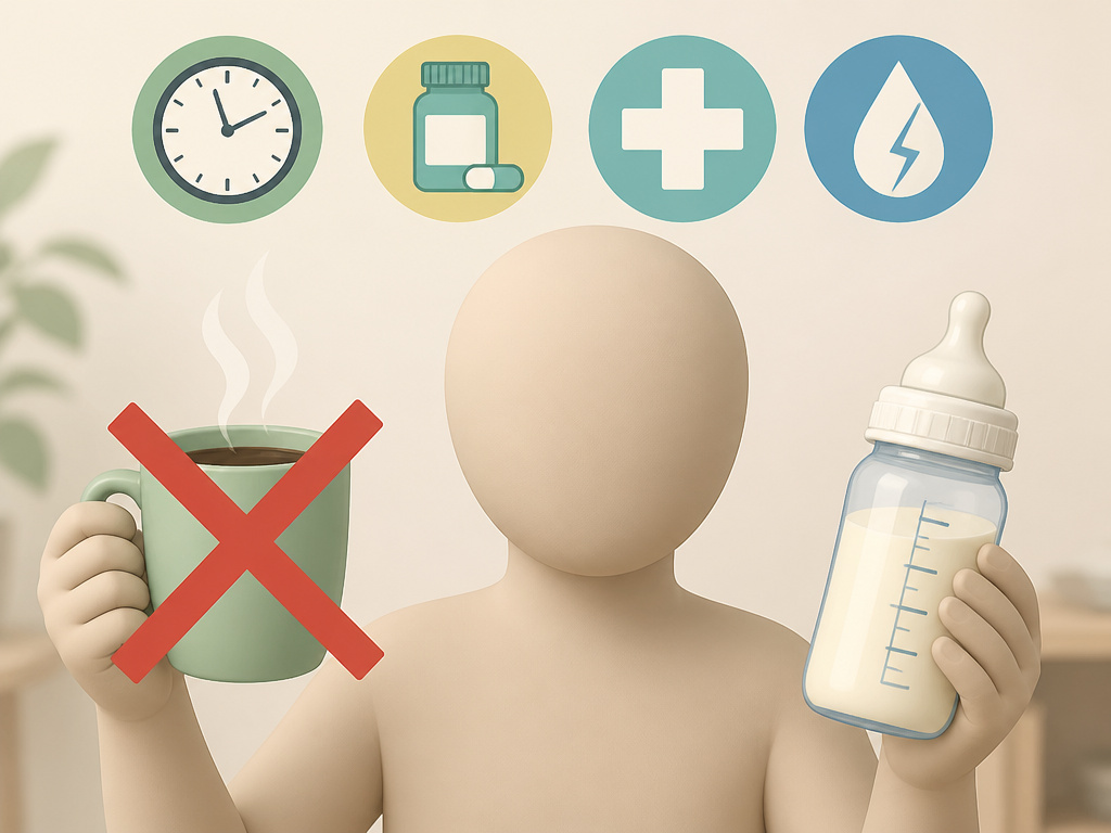 Coffee with an X next to primary causes of low milk supply infographic.