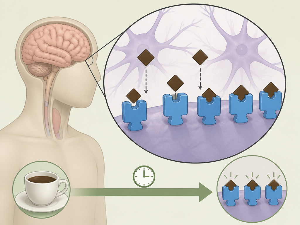 Diagram of caffeine blocking adenosine receptors in the brain to create alertness.