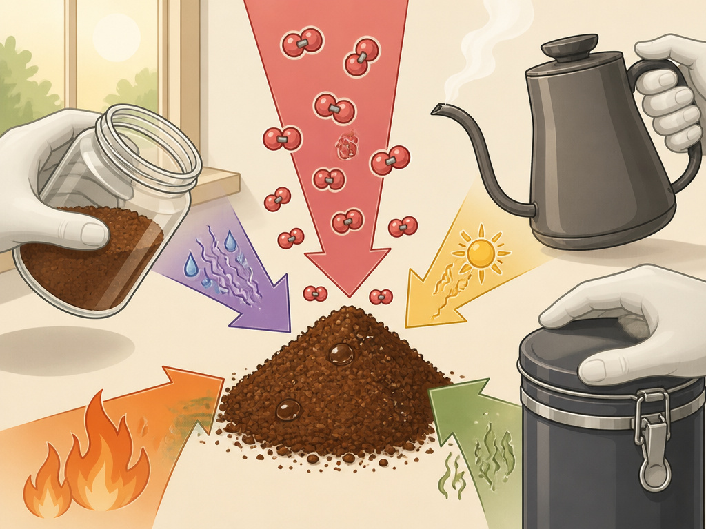 Cartoon diagram showing five factors that make ground coffee go stale