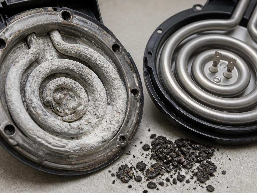 Coffee maker heating element damaged by limescale and filter debris from neglect.