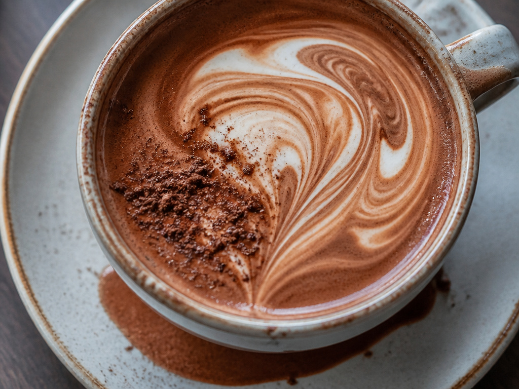 Close-up of a creamy mocha coffee with chocolate and milk foam swirl.