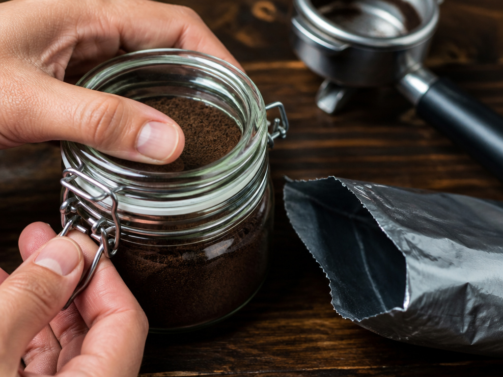 Sealing stale pre-ground espresso coffee in an airtight container for freshness.