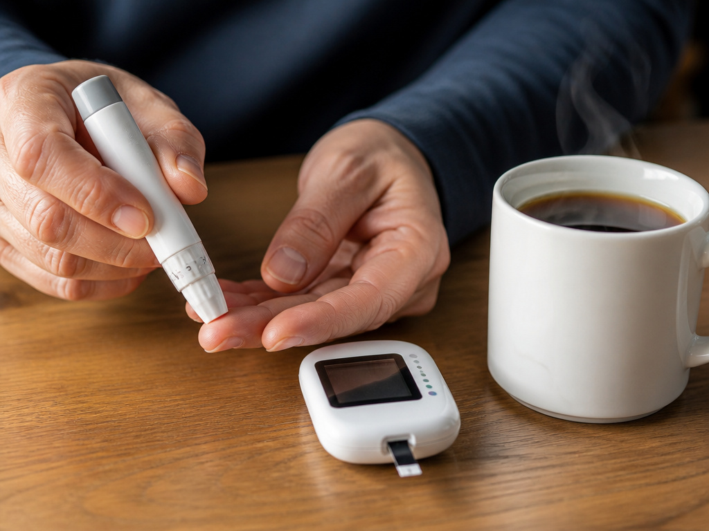 At-home fasting test with black coffee, blood glucose monitor, and lancet device.