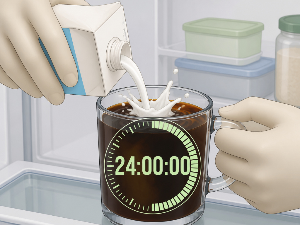 Cartoon of milk being added to coffee with a 24-hour timer over the mug.