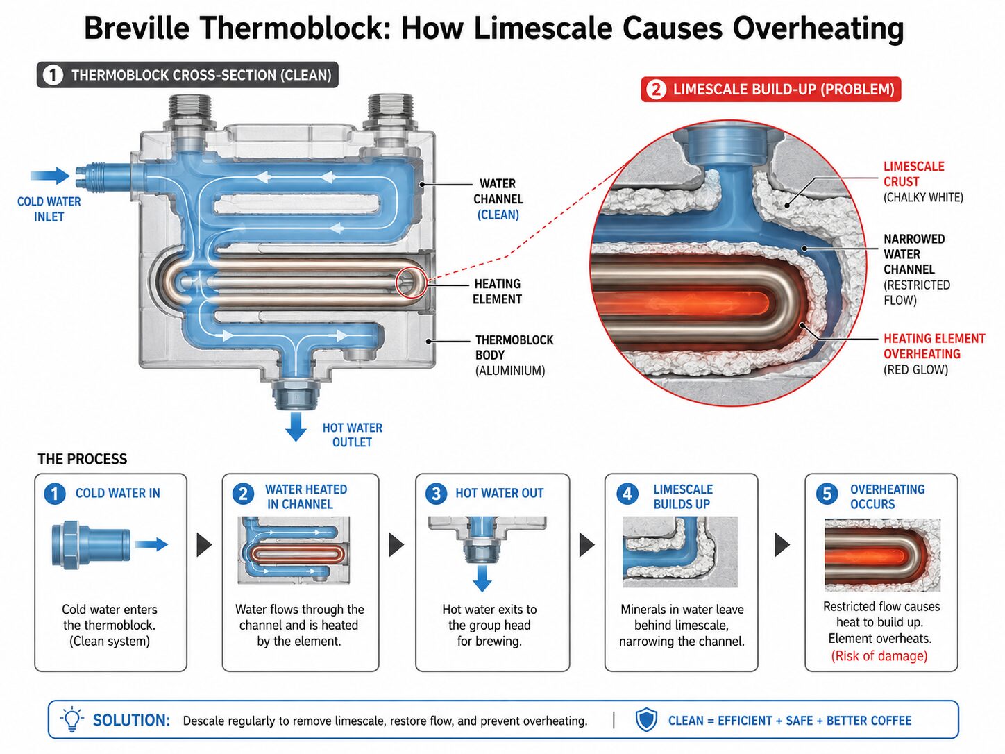 Breville coffee machine thermoblock clogged with limescale due to ignored filter.