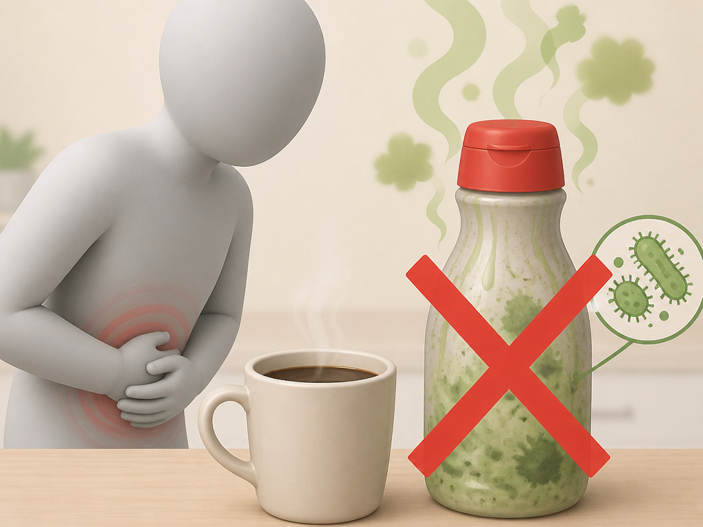 Consequences of using spoiled coffee creamer causing stomach pain.