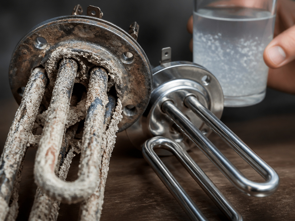Close-up of scaled coffee machine element versus clean one after descaling.