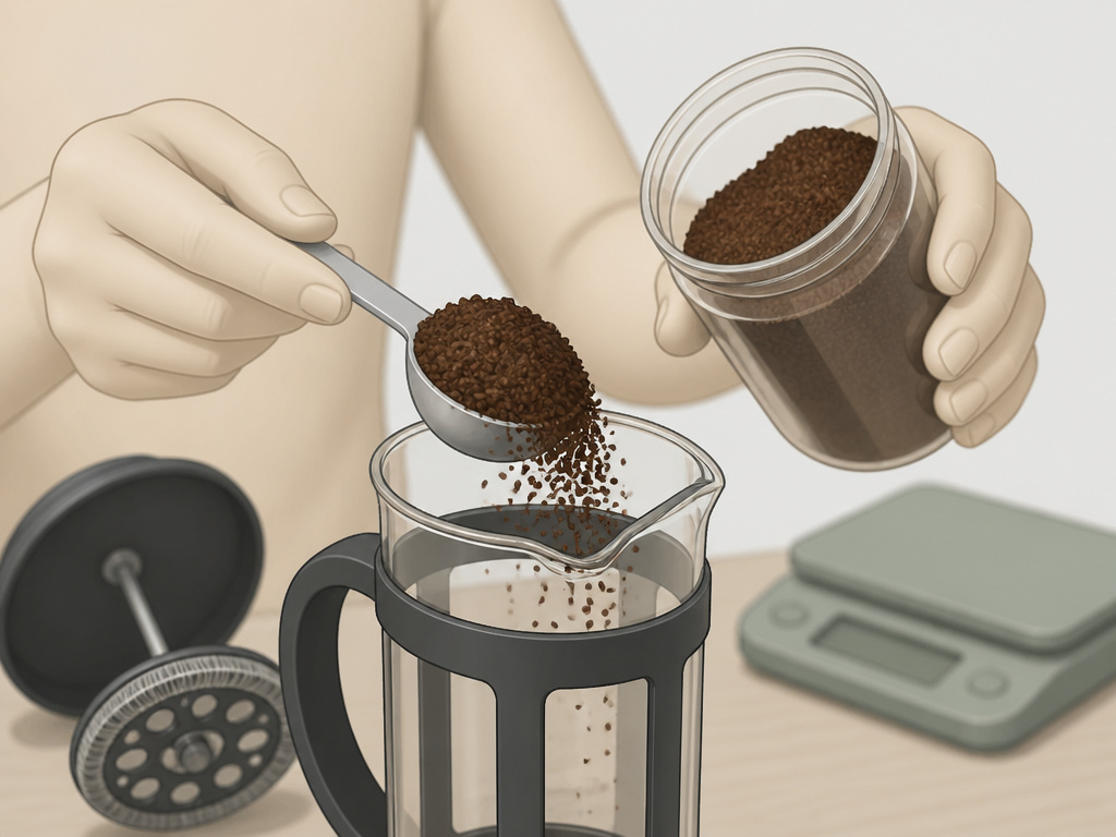Measuring coffee grounds with a tablespoon for a French press without a scale.