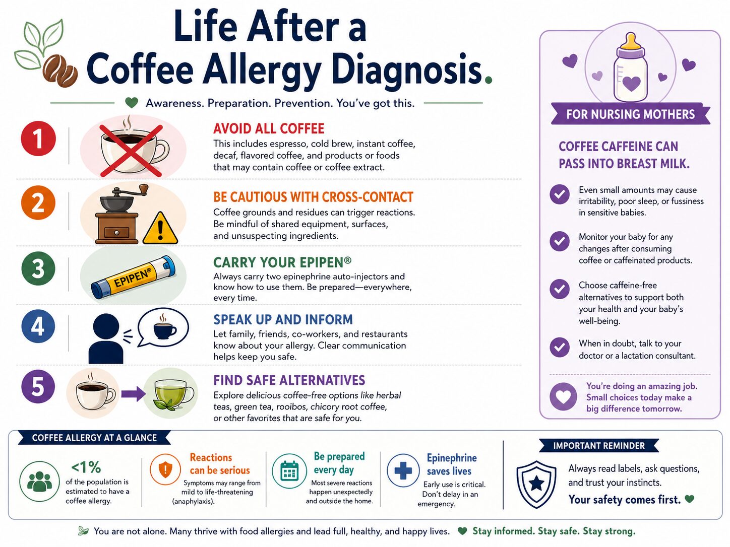 Infographic on managing a coffee allergy, from avoidance to emergency medication.