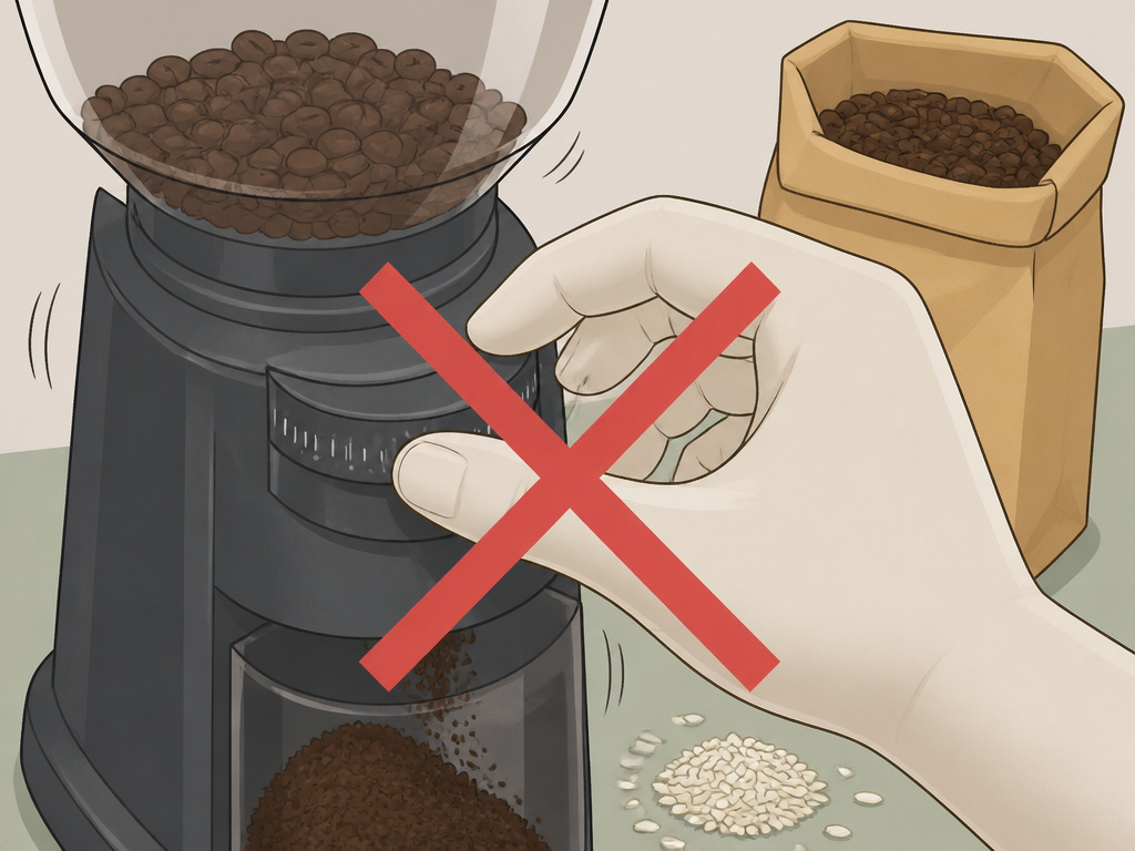 Cartoon warning against adjusting coffee grinder settings while motor is running