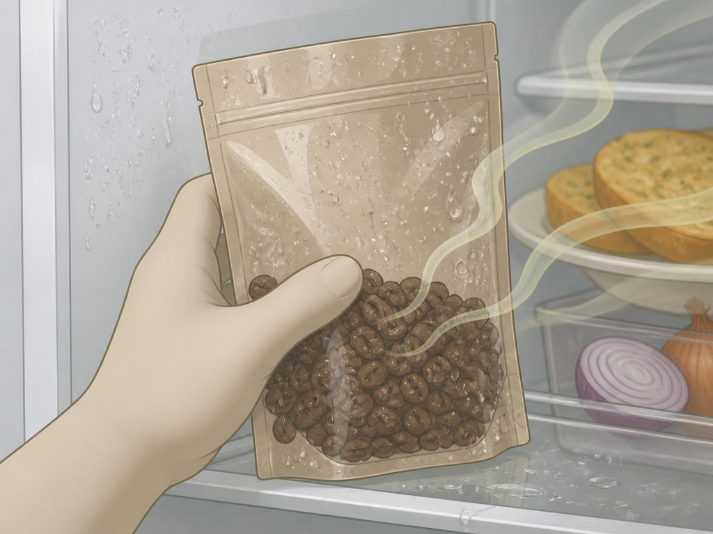 Wrong way to store coffee beans by putting them in a humid refrigerator