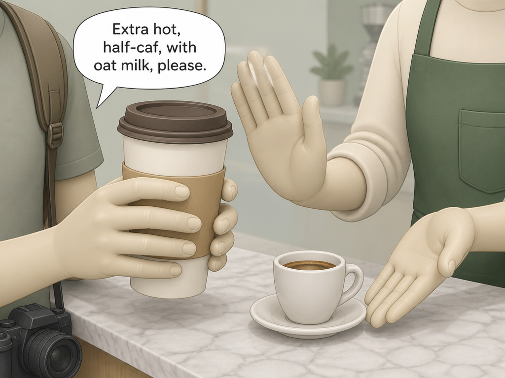 Tourist mistakes in an Italian cafe: paper cup and complex coffee order.