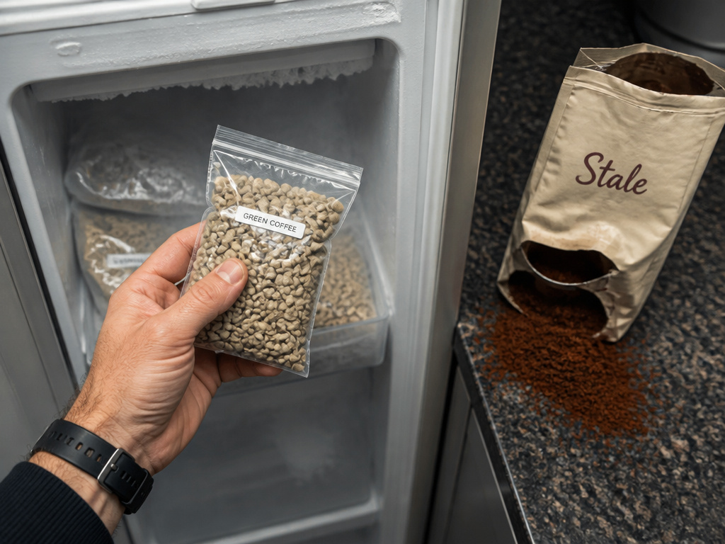 Green coffee beans and stale ground coffee being kept away from a freezer.