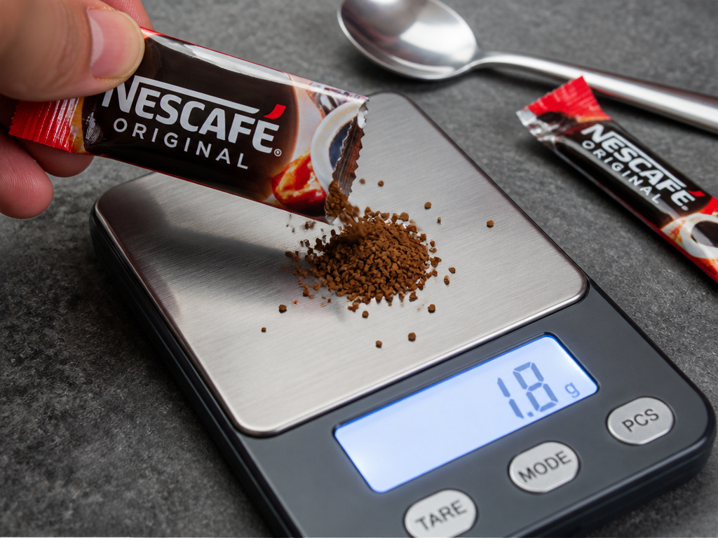 Close-up of a Nescafé sachet and scale showing 1.8 grams of instant coffee.