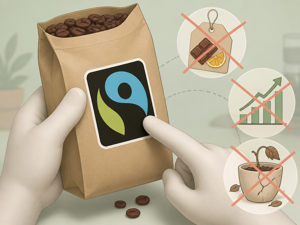 Fair Trade coffee label limitations shown with missing flavor, price, and sustainability details.