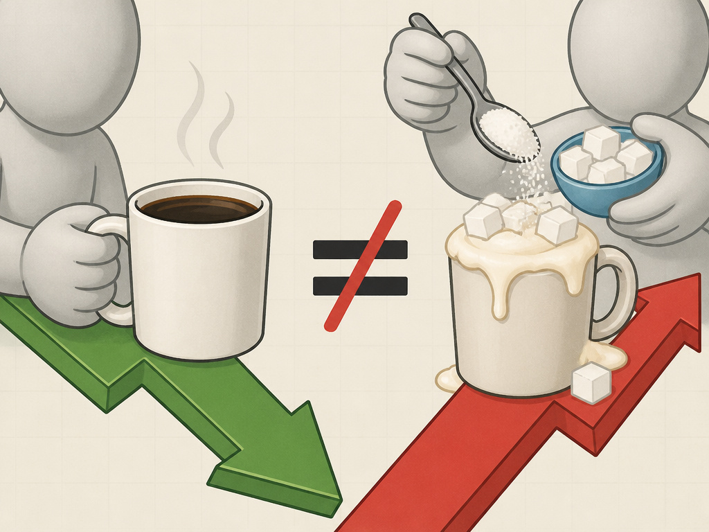Black coffee versus sweetened coffee on weight gain and loss arrows.