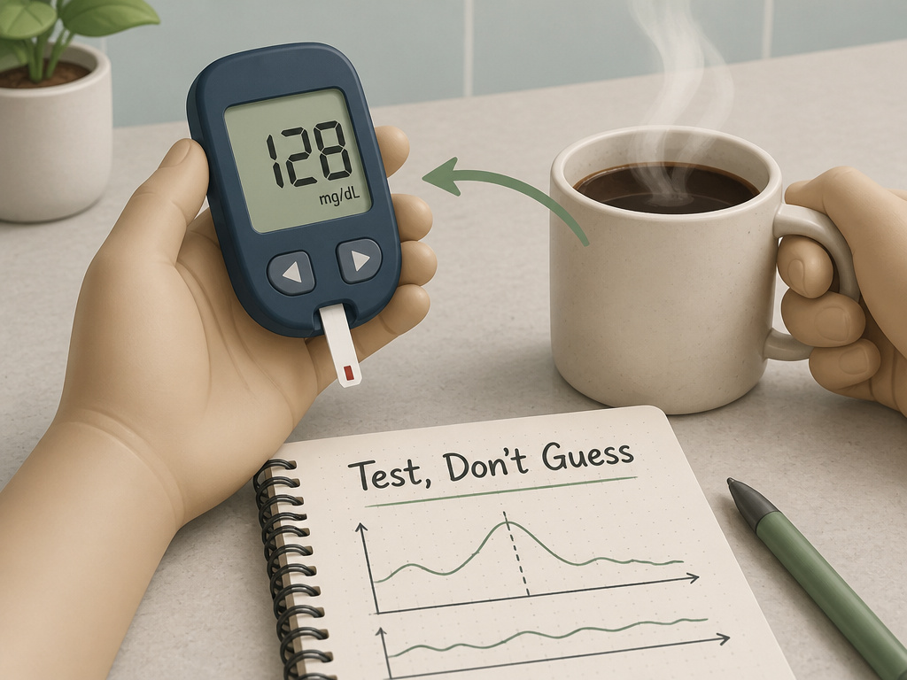 Person testing blood sugar after drinking black coffee to monitor glucose response.