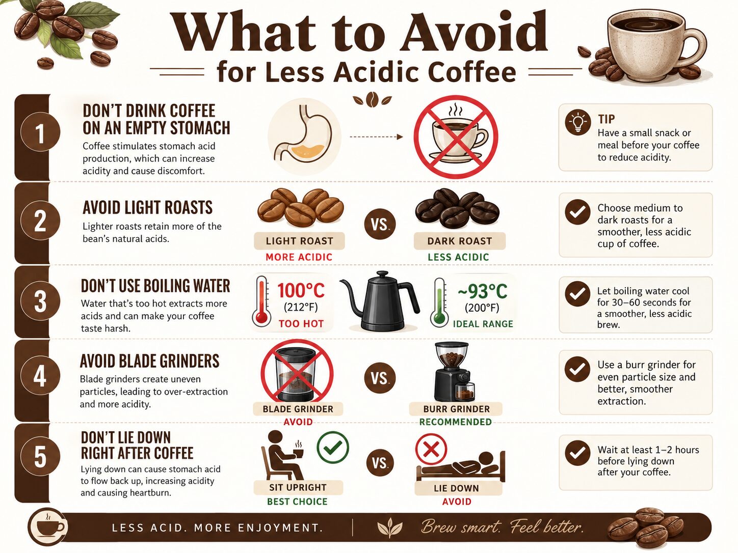 Infographic listing five common mistakes that increase coffee acidity.
