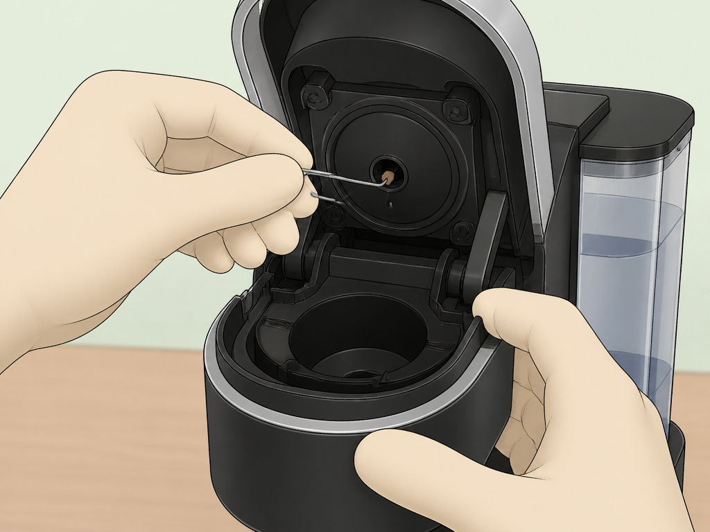 Troubleshooting a clogged Keurig brew needle with a paperclip.