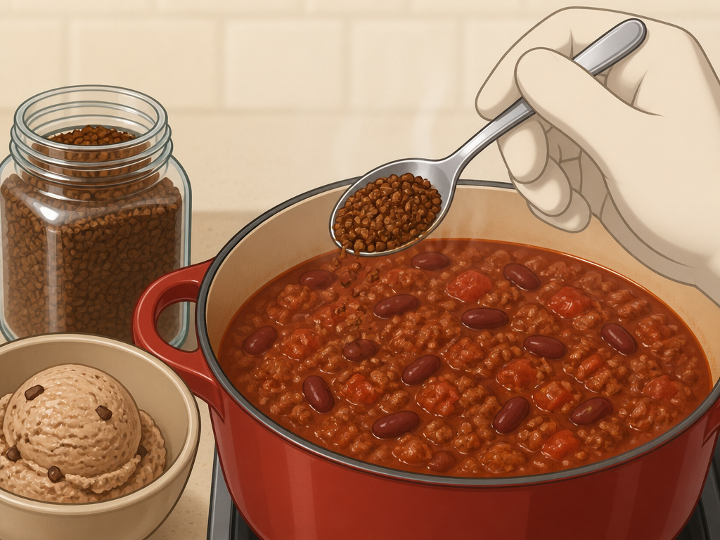Using leftover instant coffee in chili and coffee ice cream recipes.