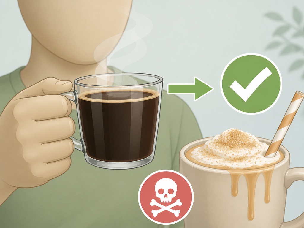 Cartoon comparing safe black coffee with a sugary latte to avoid with braces.