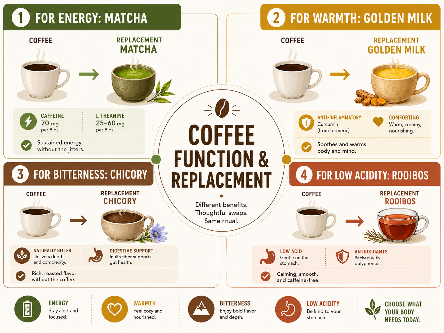 Infographic matching coffee functions to alternative drinks like matcha and chicory.
