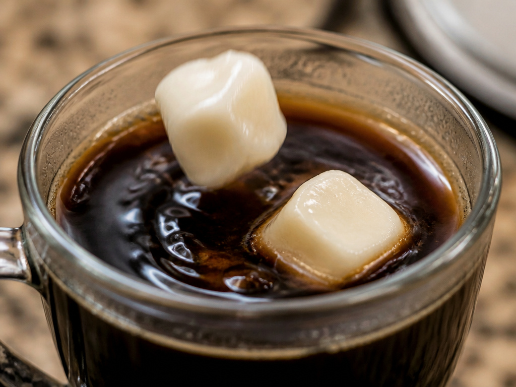 Frozen coffee creamer cubes being added to a hot cup of black coffee.